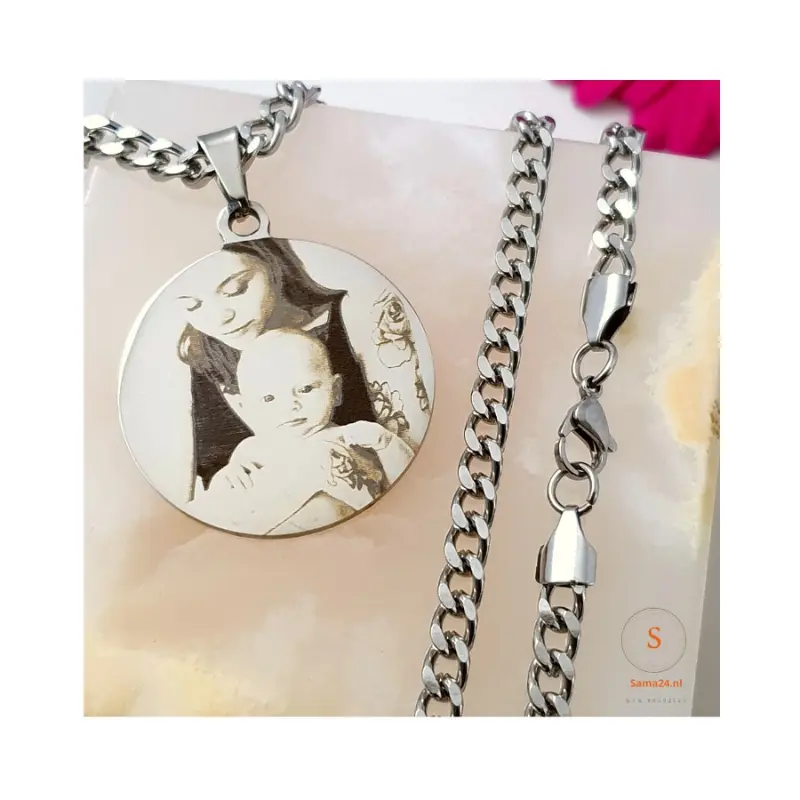 Bedel met foto gravure zilverkleurig mm met ketting